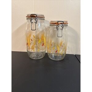 Arc France Vintage Glass 2 & 1.5Liter Jars Wheat Pattern Clamp Rubber Seal w Lid